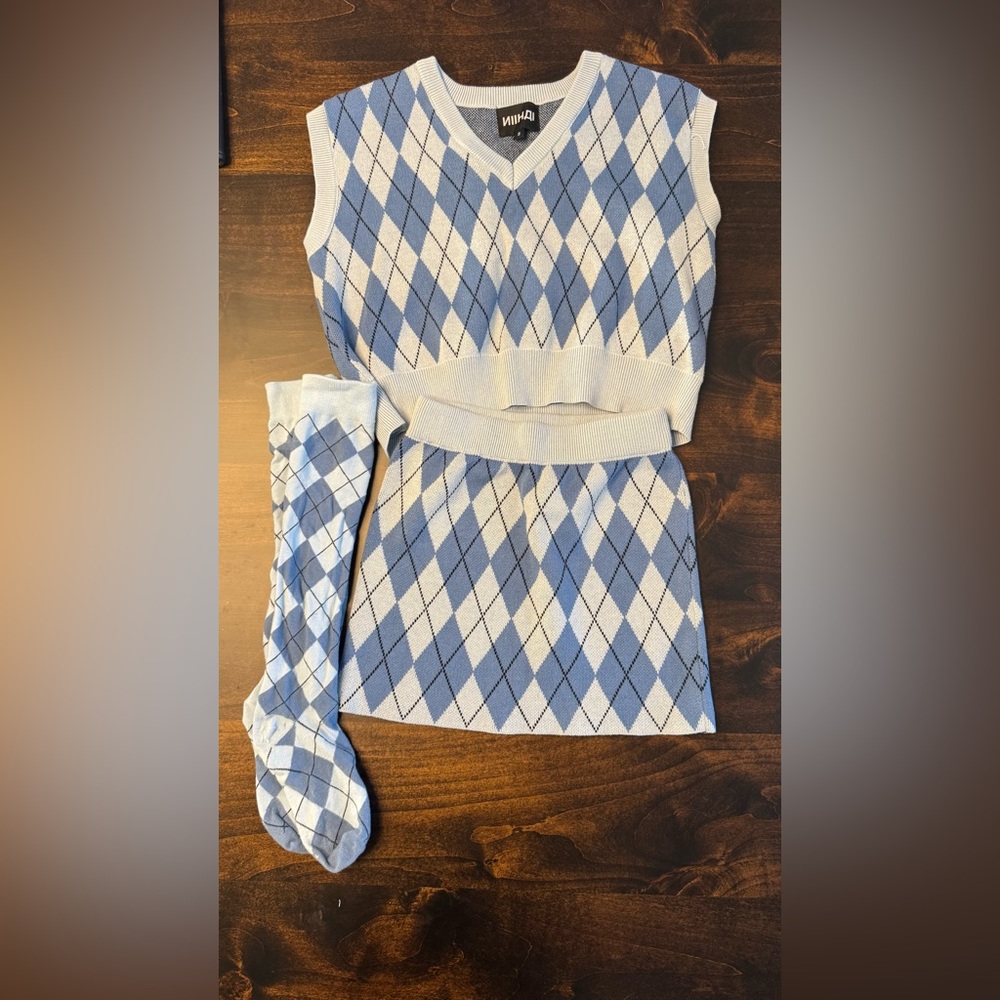 NIIHAI Blue and White Argyle Knit Set